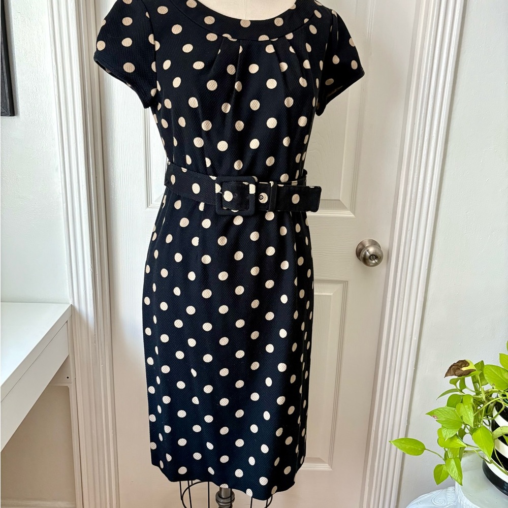 Elegant Black Polka Dot Dress - black with tan with matching belt